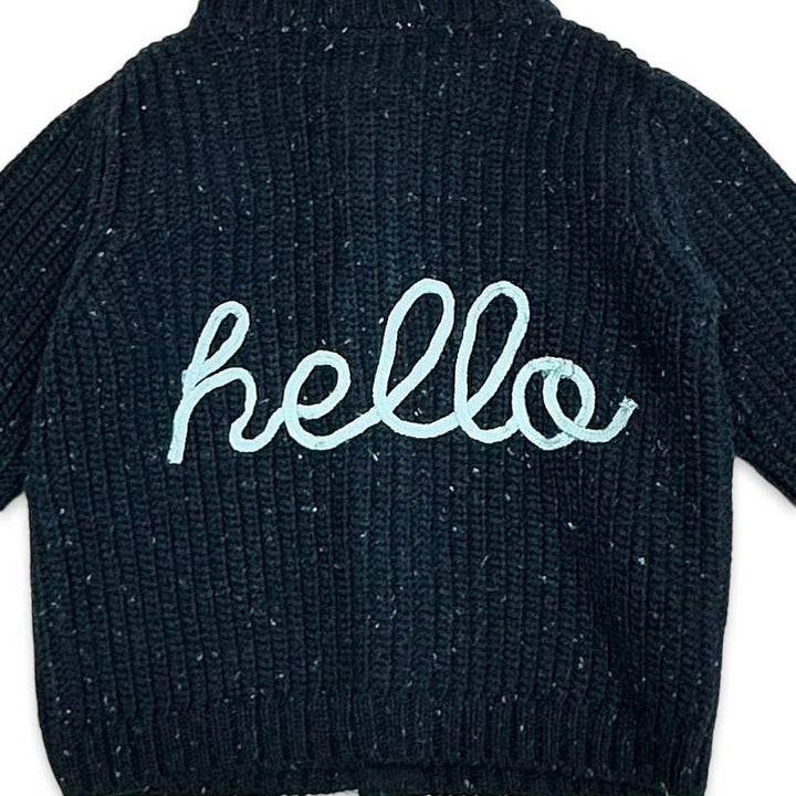 a Viverano Organics - HELLO Wordy Chunky Knit Baby Cardigan Sweater Organic Cotton