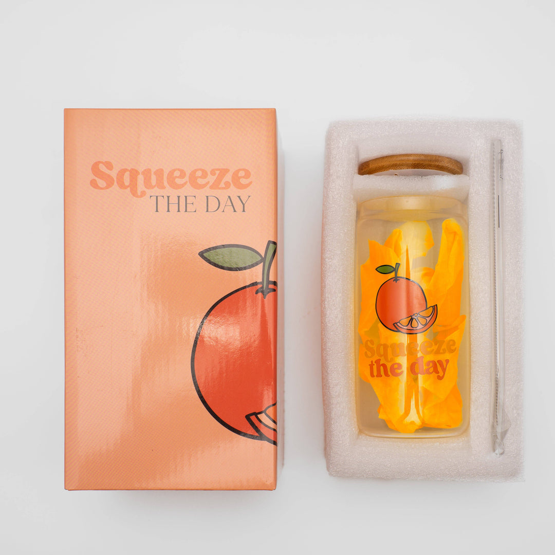 The Love Crate Co. - Orange Gifts for Women - Glass Tumbler with Lid and Straw, Customized Straw Stopper and Koozie Holder with Cute Unique Design. Coffee or Smoothie Gift Cup for Mom, Teacher, Friend