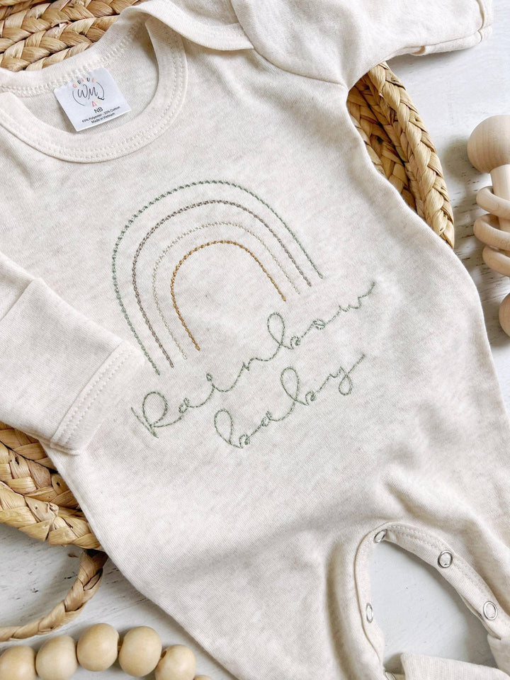 a Wonderfully Made - Neutral Tone Boho Baby Girl Outfit With A Sweet Muted Rainbow