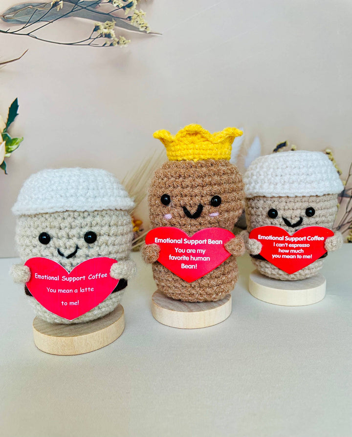 TOMOPOD LLC - Crochet Emotional Support Desk Buddy, Pickle/Coffee/Bean