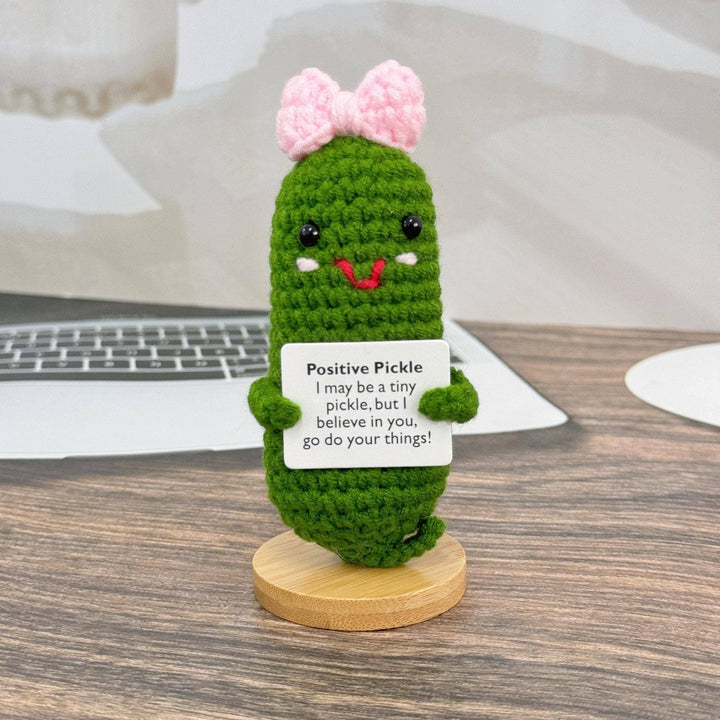 TOMOPOD LLC - Adorable Crochet Pickle With Pink Bow, Positive Pickle