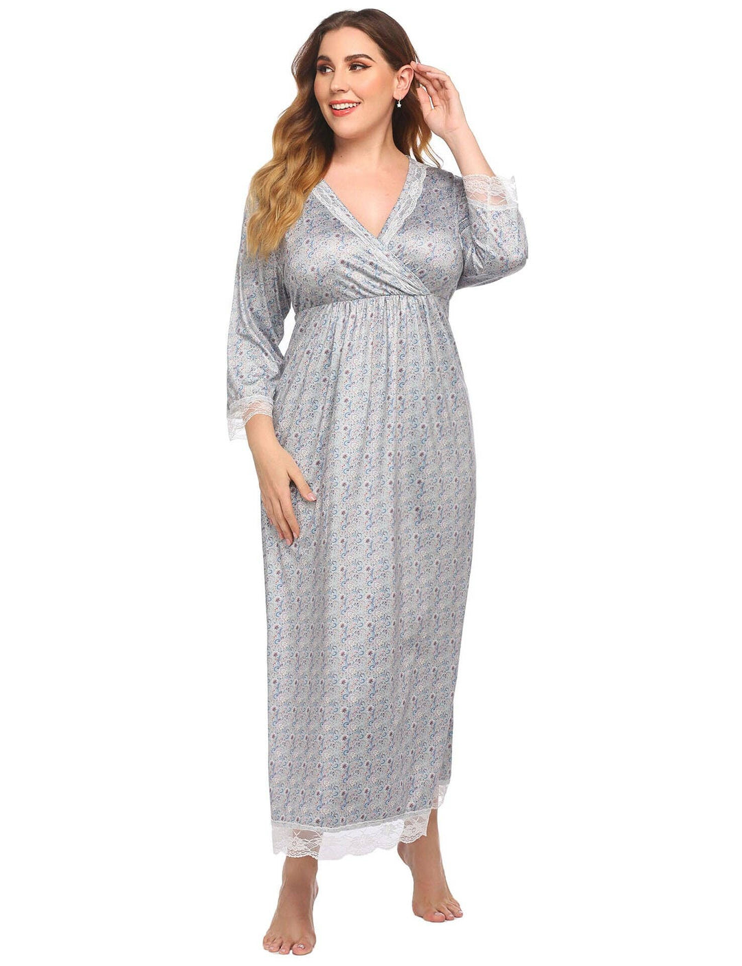 madeinclothinginc - Casual Lace Stitching Printed Loose Curvy Nightgown