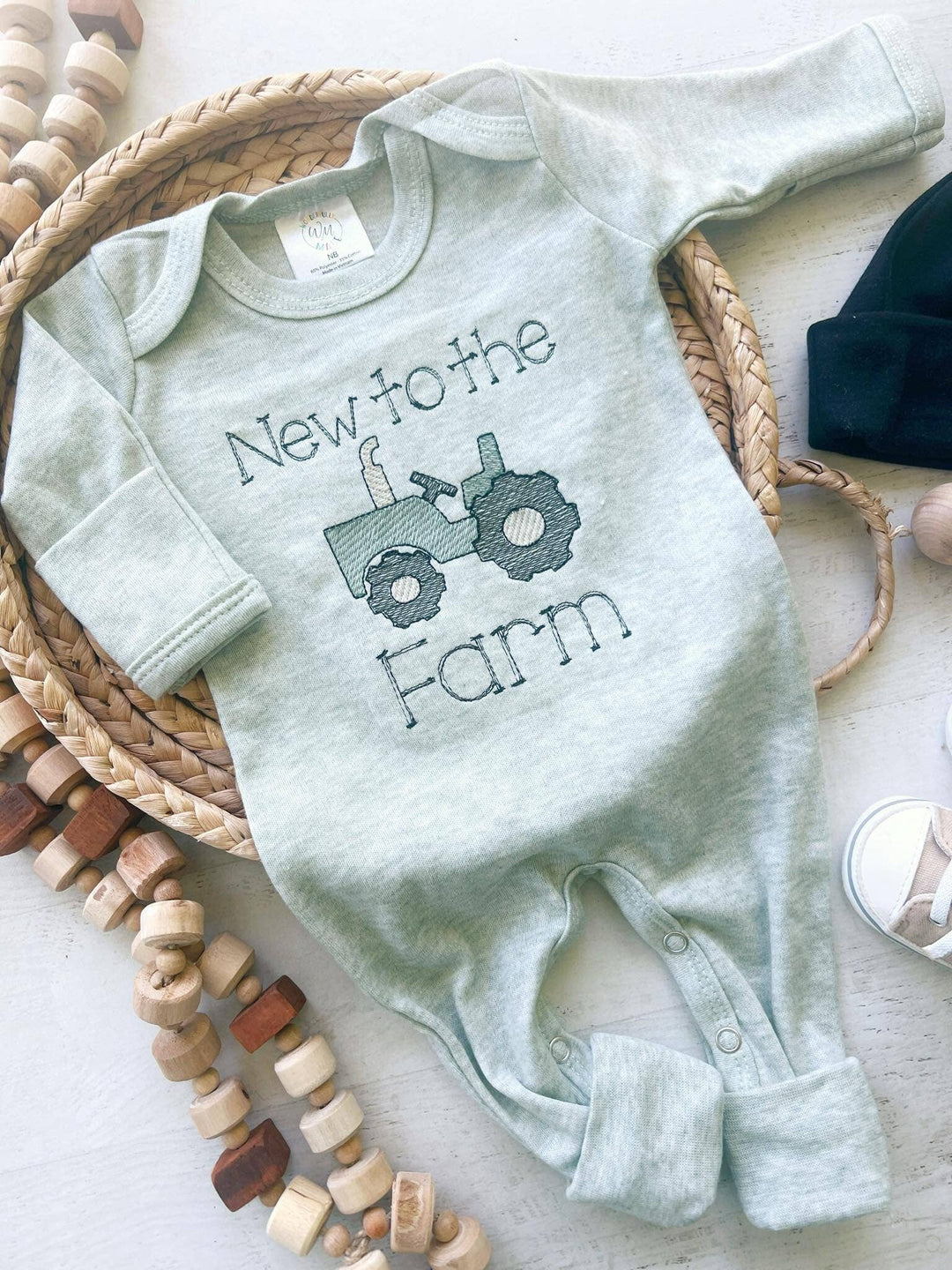 Wonderfully Made - Baby Sage Romper | Baby Boy Outfit - Tractor New To The Farm