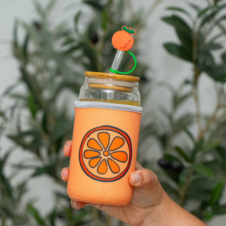 The Love Crate Co. - Orange Gifts for Women - Glass Tumbler with Lid and Straw, Customized Straw Stopper and Koozie Holder with Cute Unique Design. Coffee or Smoothie Gift Cup for Mom, Teacher, Friend