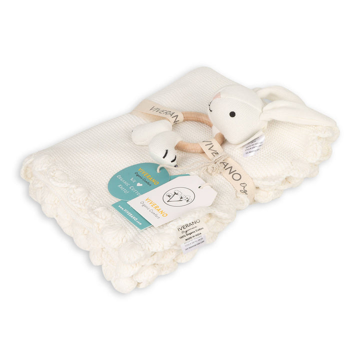Viverano Organics - Scallop Edge Classic Knit Baby Blanket + Bunny Rattle SET