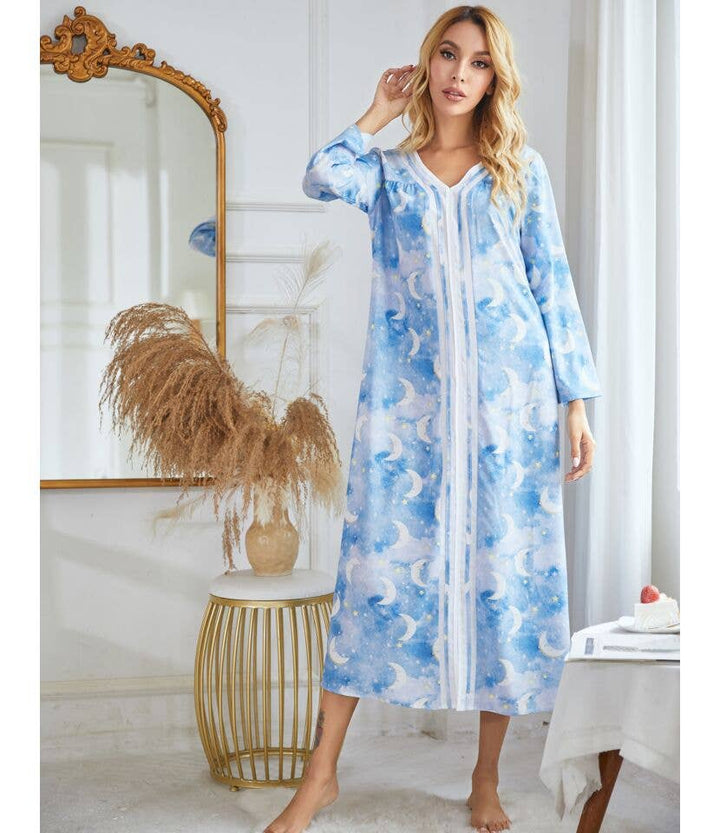 madeinclothinginc - Long Sleeve Printed Casual Nightdress for Women