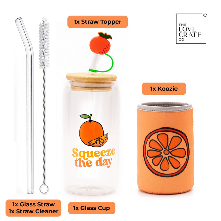 The Love Crate Co. - Orange Gifts for Women - Glass Tumbler with Lid and Straw, Customized Straw Stopper and Koozie Holder with Cute Unique Design. Coffee or Smoothie Gift Cup for Mom, Teacher, Friend