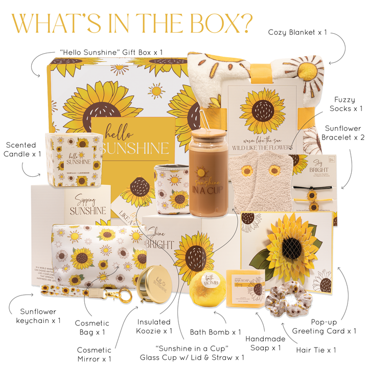 The Love Crate Co. - The Love Crate Co Sunflower Gifts for Women, 15pc Custom Gift Box for Women. Get Well Soon Gift Baskets for Women, You Are My Sunshine Gifts, Care Package For Women Thinking of You, Wellness Gifts.