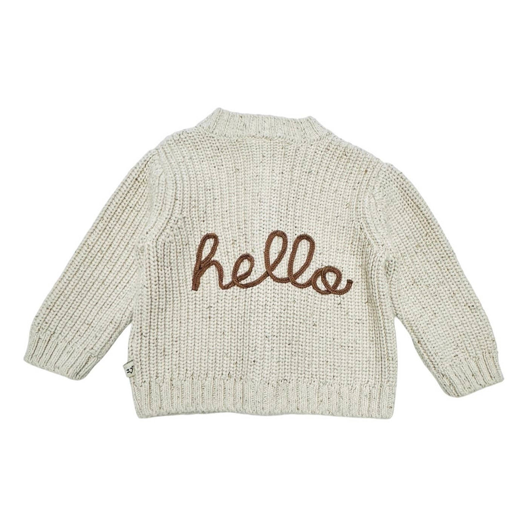 a Viverano Organics - HELLO Wordy Chunky Knit Baby Cardigan Sweater Organic Cotton