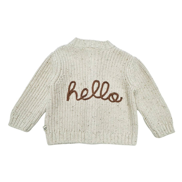a Viverano Organics - HELLO Wordy Chunky Knit Baby Cardigan Sweater Organic Cotton