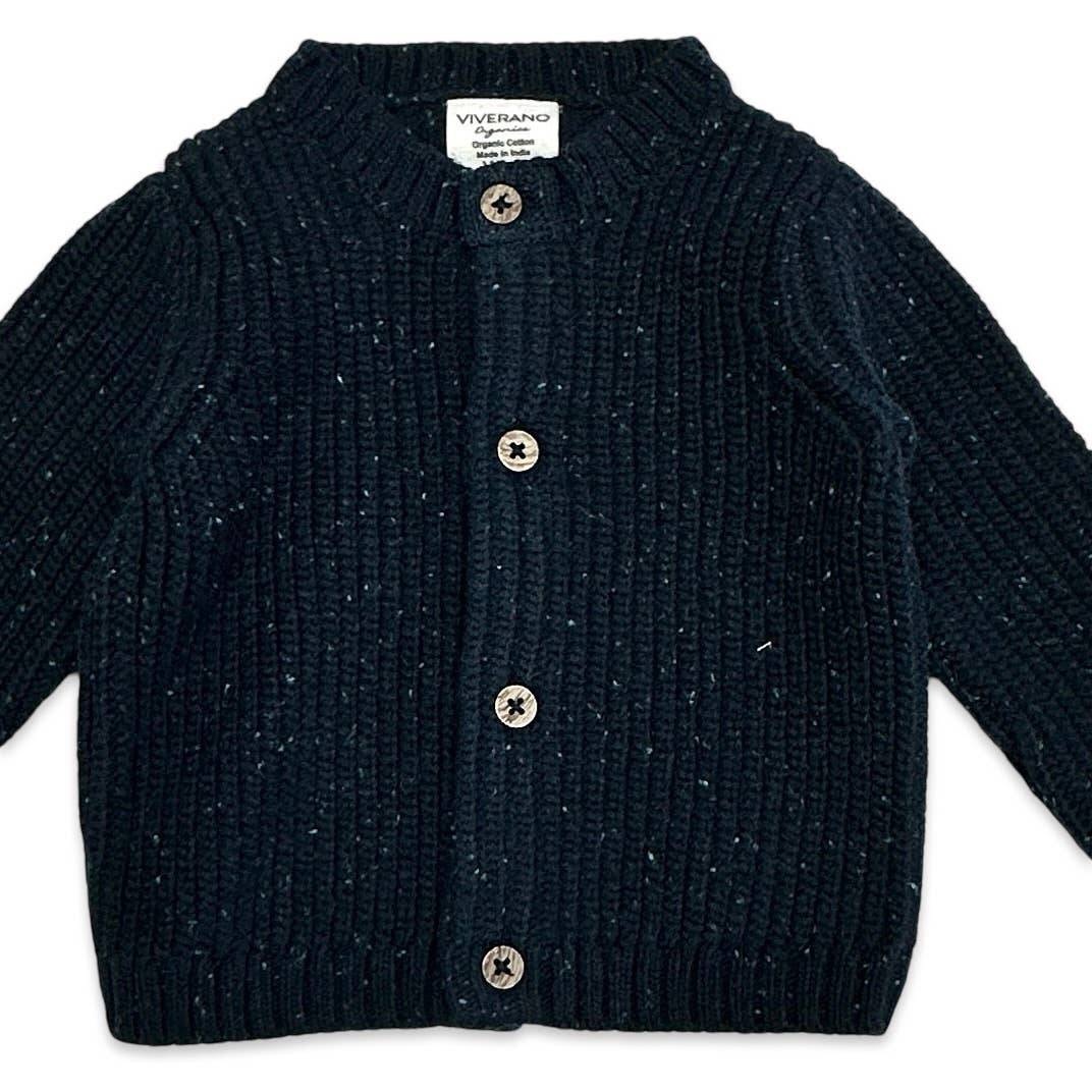 a Viverano Organics - HELLO Wordy Chunky Knit Baby Cardigan Sweater Organic Cotton