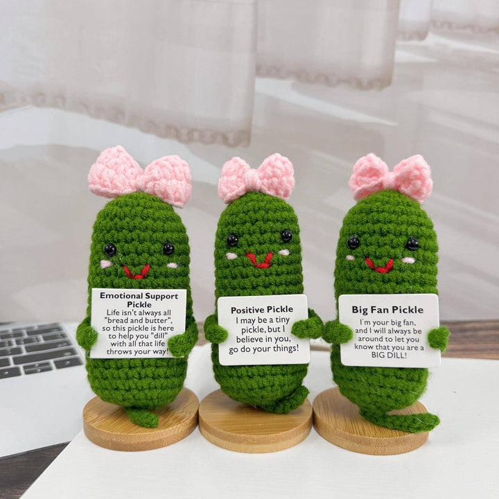 TOMOPOD LLC - Adorable Crochet Pickle With Pink Bow, Positive Pickle