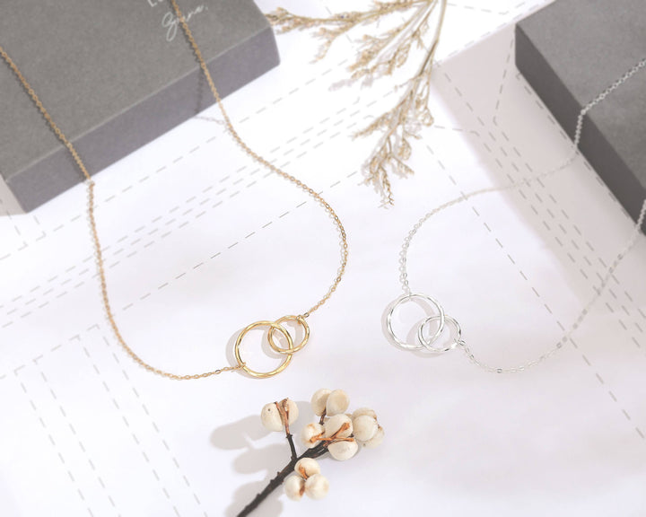 hope love shine - 2 Rings Dainty Eternity Breast Cancer Survivor Necklace Gift