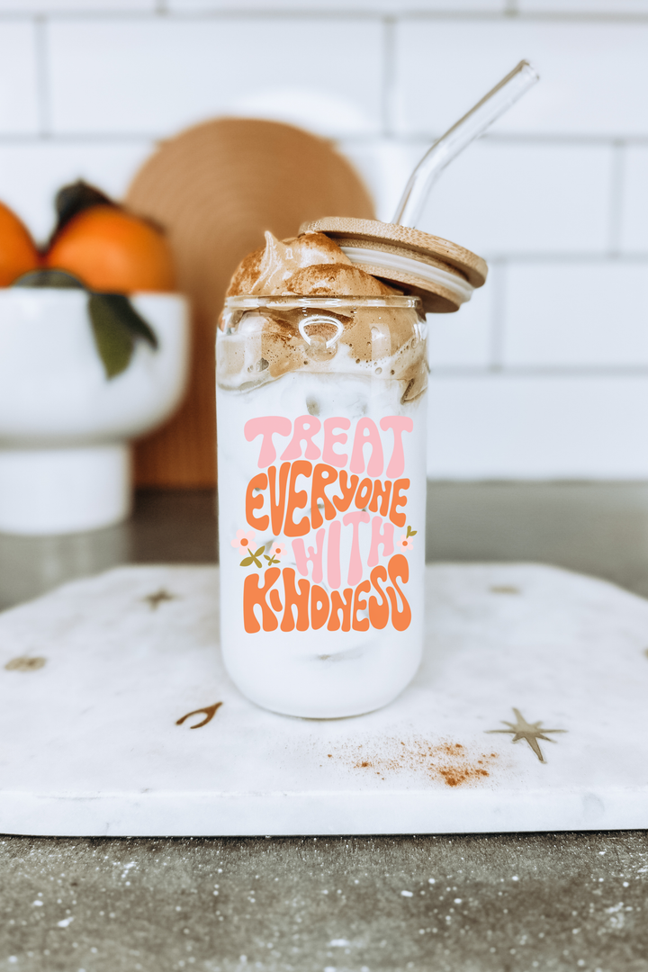 Boho + Babe - Treat Everyone with Kindness 16 oz Glass Cup with Bamboo Lid