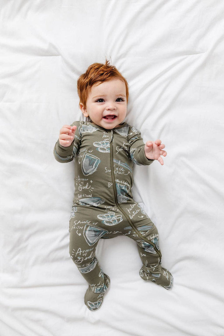 Holy Pals - Armor of God Green PJ Footed Onesie Bamboo