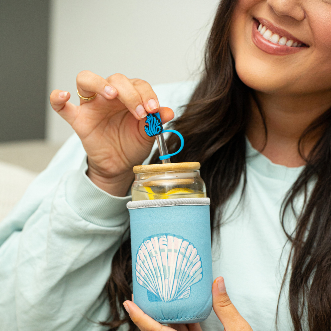 The Love Crate Co. - Ocean Gifts for Women - Cute Glass Cup with Lid and Straw, Customized Stopper and Soda Sleeve. Unique Themed Tumbler Drinking Cup with Bamboo Lid. Pretty Sea Theme Gifts for Women