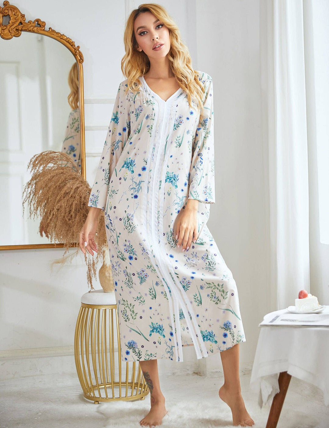 madeinclothinginc - Long Sleeve Printed Casual Nightdress for Women
