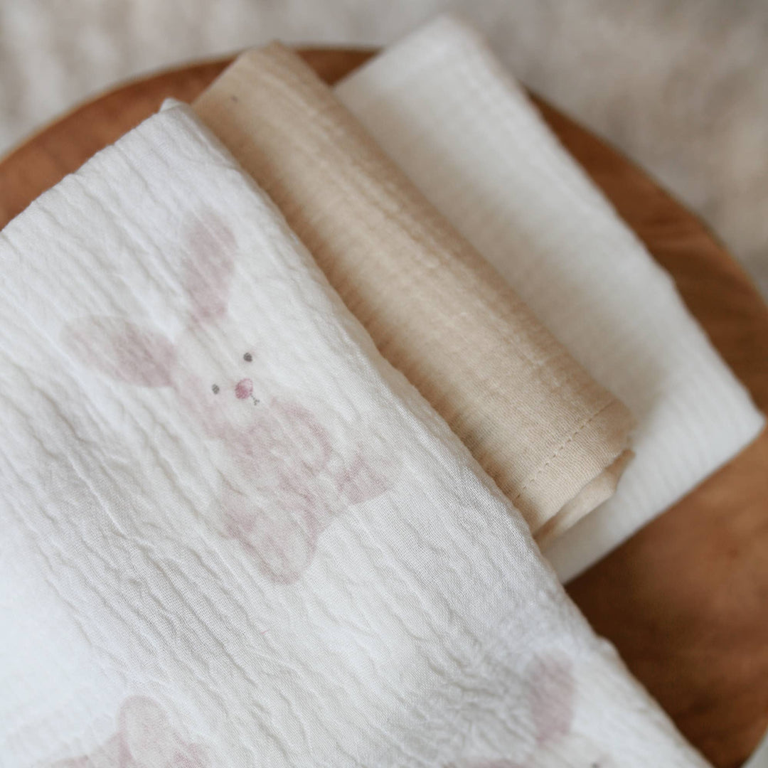 BABYLY - Muslin Burp Cloth Set -3 pack - Bunnies