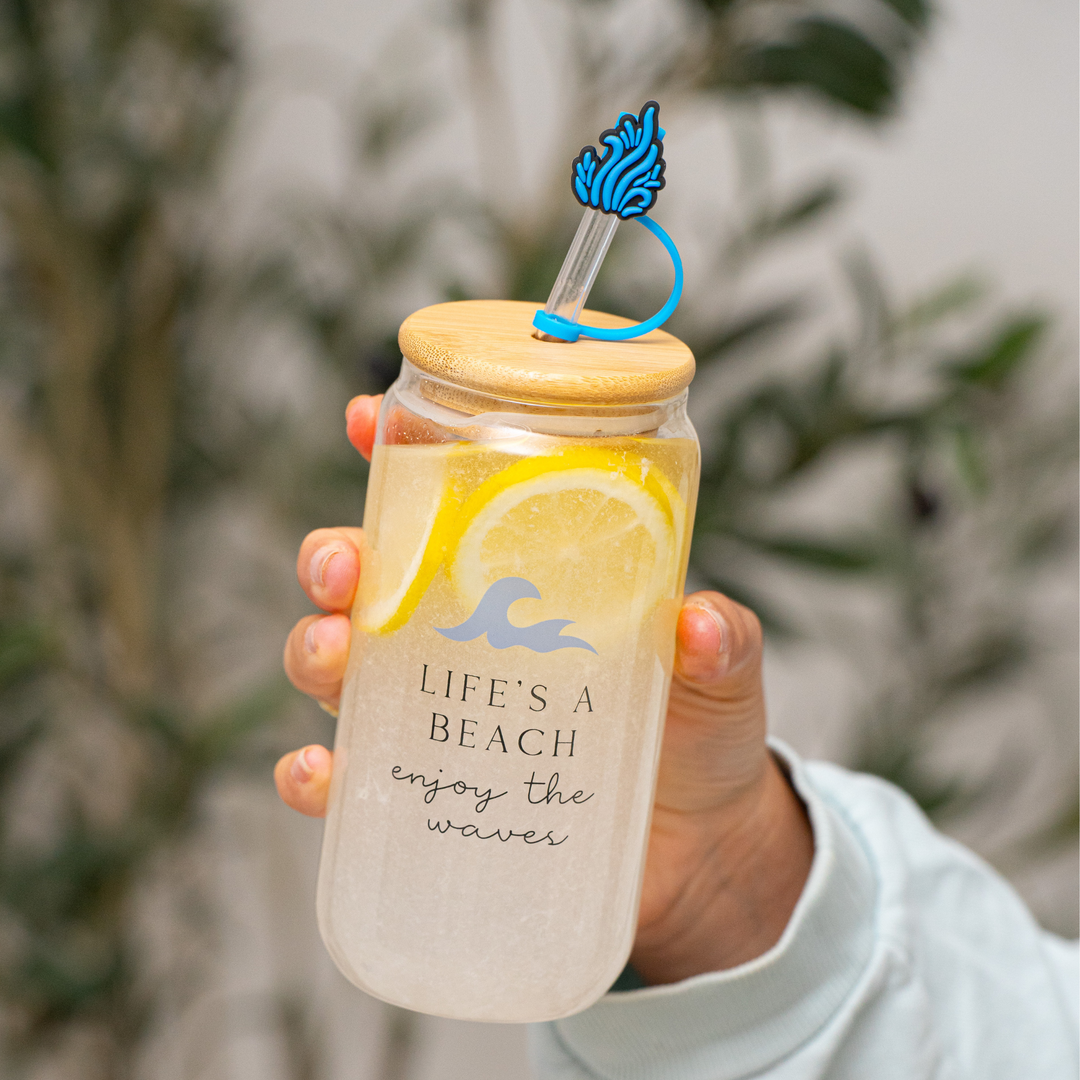 The Love Crate Co. - Ocean Gifts for Women - Cute Glass Cup with Lid and Straw, Customized Stopper and Soda Sleeve. Unique Themed Tumbler Drinking Cup with Bamboo Lid. Pretty Sea Theme Gifts for Women