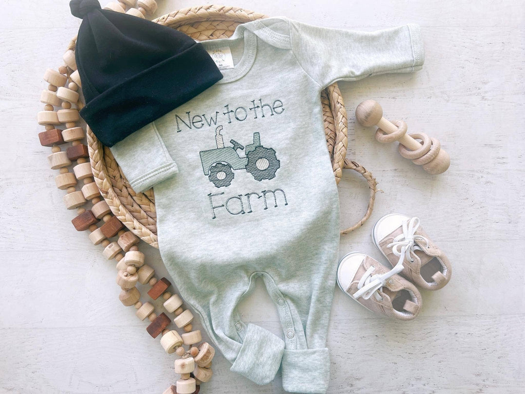 Wonderfully Made - Baby Sage Romper | Baby Boy Outfit - Tractor New To The Farm