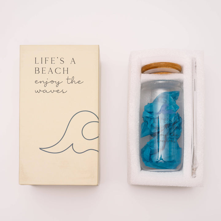 The Love Crate Co. - Ocean Gifts for Women - Cute Glass Cup with Lid and Straw, Customized Stopper and Soda Sleeve. Unique Themed Tumbler Drinking Cup with Bamboo Lid. Pretty Sea Theme Gifts for Women