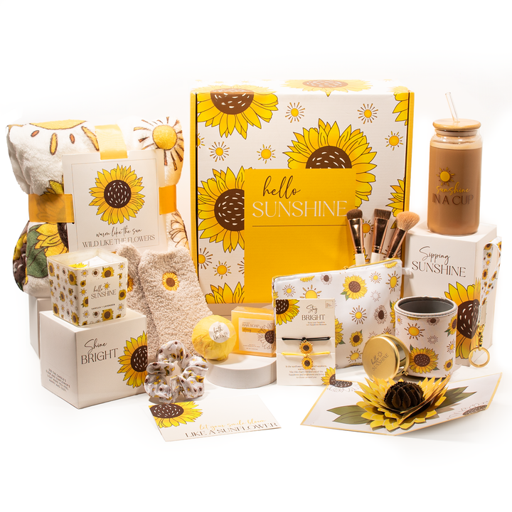 The Love Crate Co. - The Love Crate Co Sunflower Gifts for Women, 15pc Custom Gift Box for Women. Get Well Soon Gift Baskets for Women, You Are My Sunshine Gifts, Care Package For Women Thinking of You, Wellness Gifts.