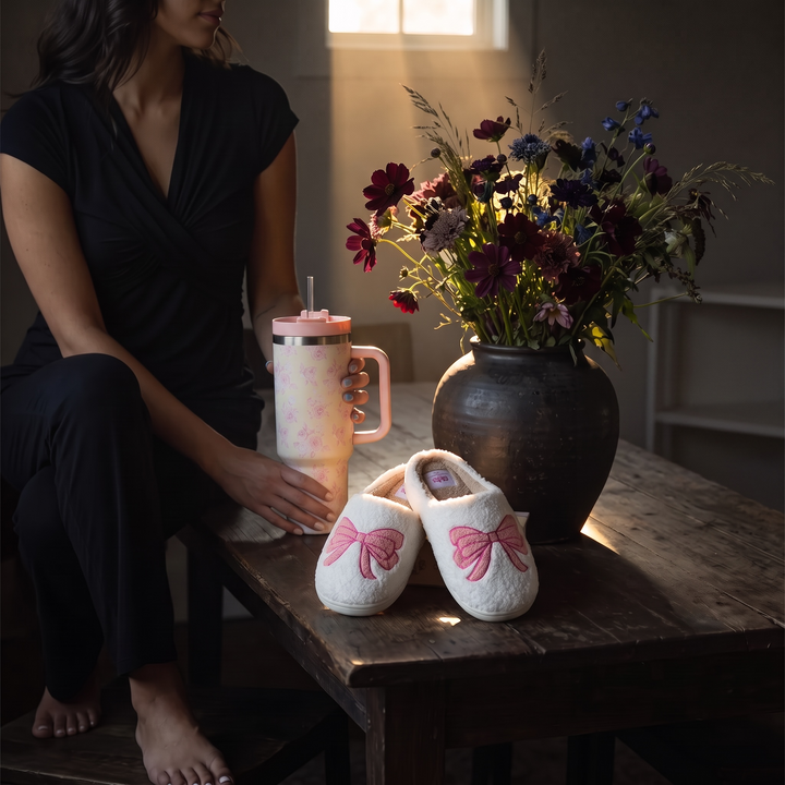 BUNDLE TRIO Pink Bow Slippers, Cream &amp; Pink Floral Tumbler, Nursing Pajamas Sleepwear Set for New Girlie Mama Bundle