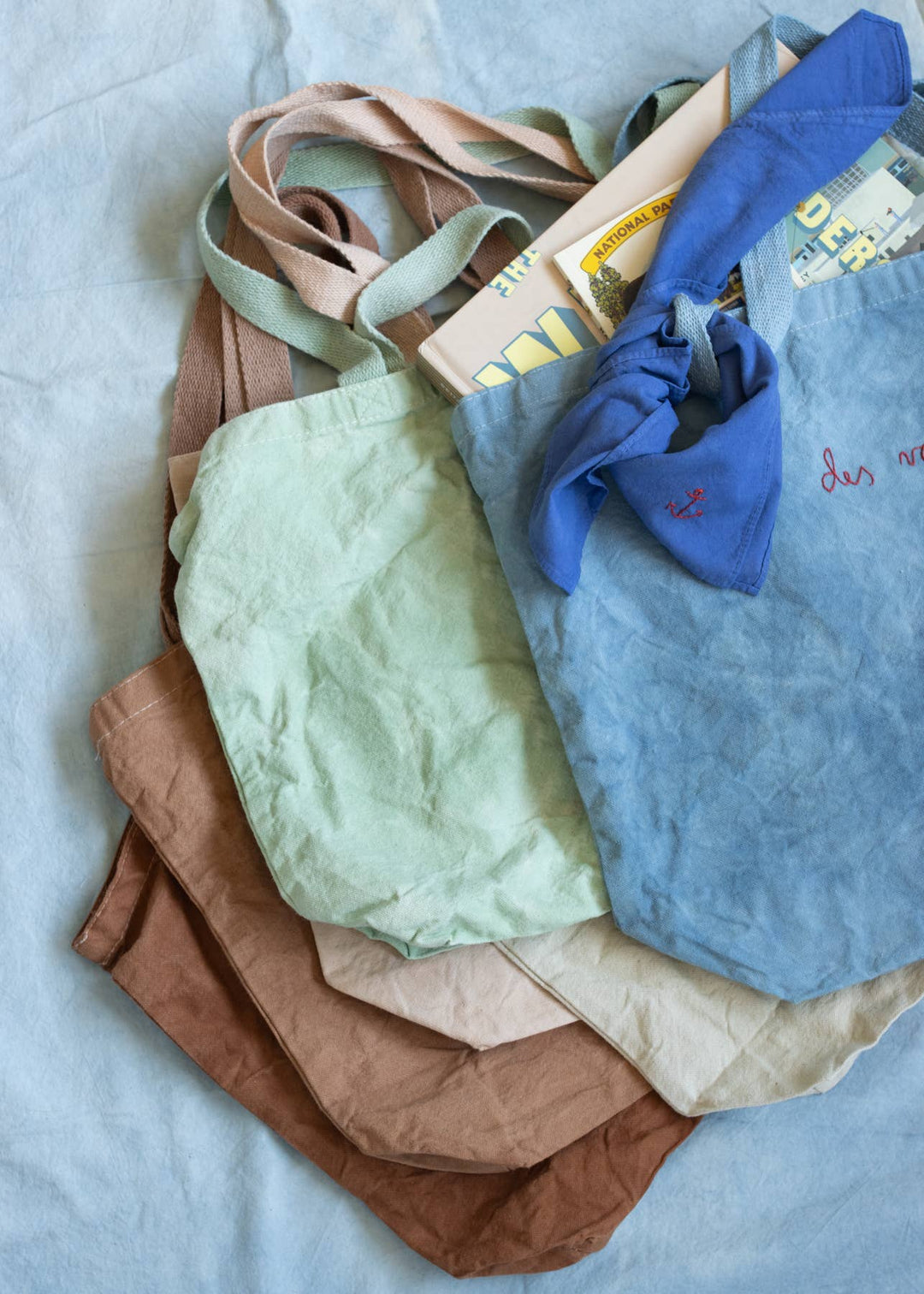 Eloise et moi - Hand embroidered Vacances cotton Tote, hand dyed tote bag  