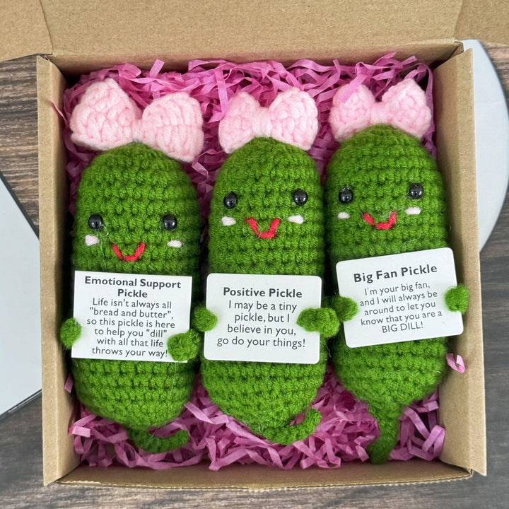 TOMOPOD LLC - Adorable Crochet Pickle With Pink Bow, Positive Pickle