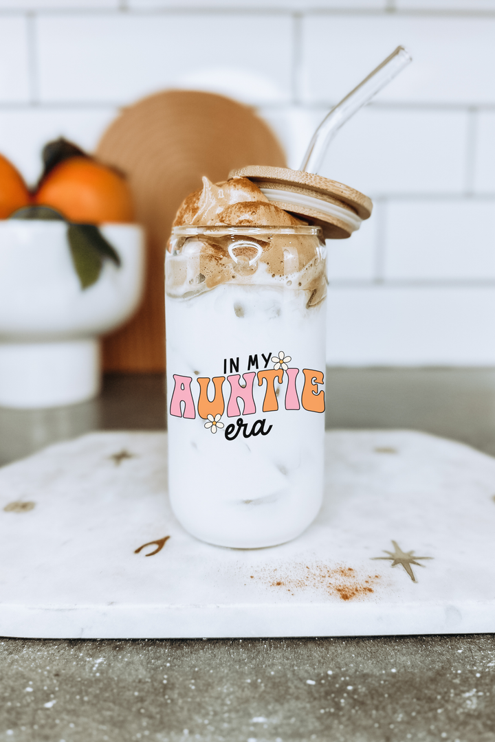 Boho + Babe - In my Auntie Era 16 oz Glass Cup with Bamboo Lid