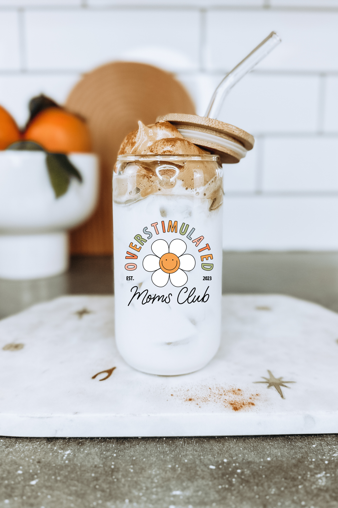 Boho + Babe - Overstimulated Moms Club 16 oz Glass Cup with Bamboo Lid
