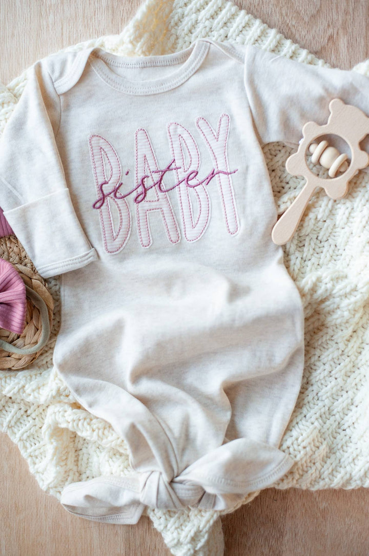 Wonderfully Made - Baby Girl Outfit | Oatmeal Knot Gown Pink Baby Sister