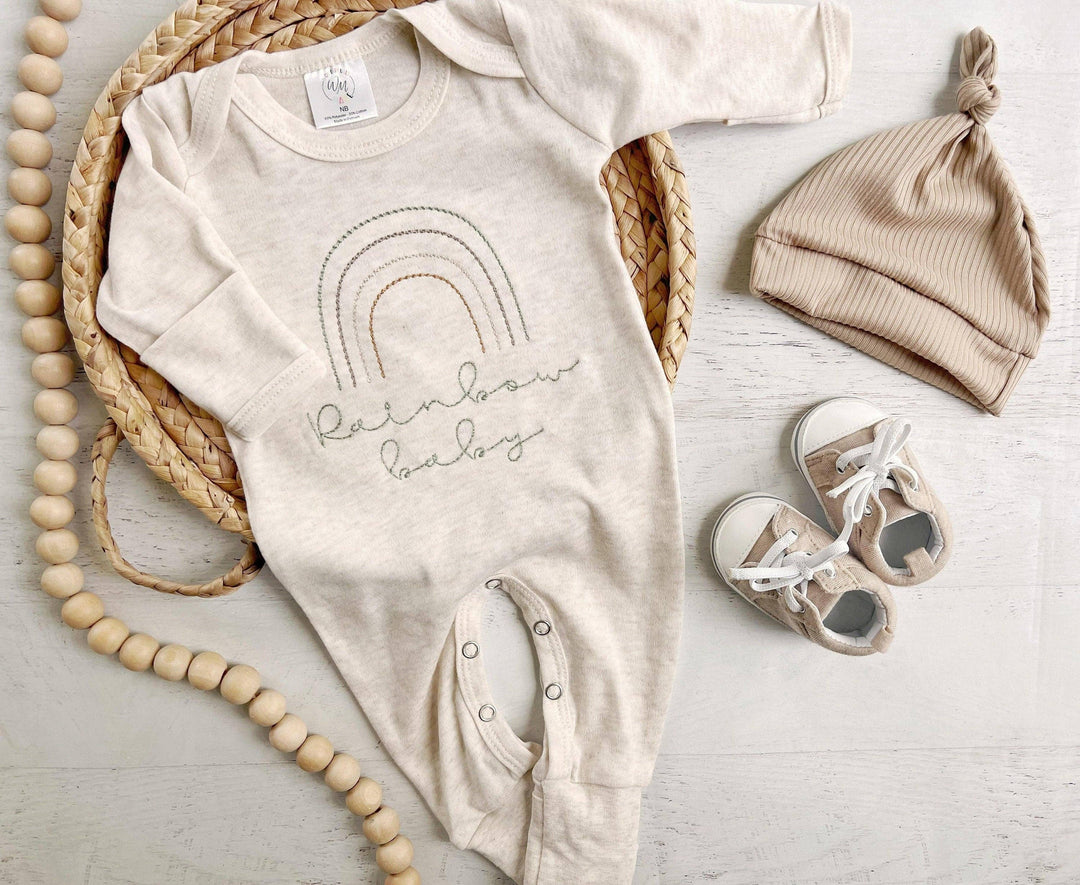 a Wonderfully Made - Neutral Tone Boho Baby Girl Outfit With A Sweet Muted Rainbow