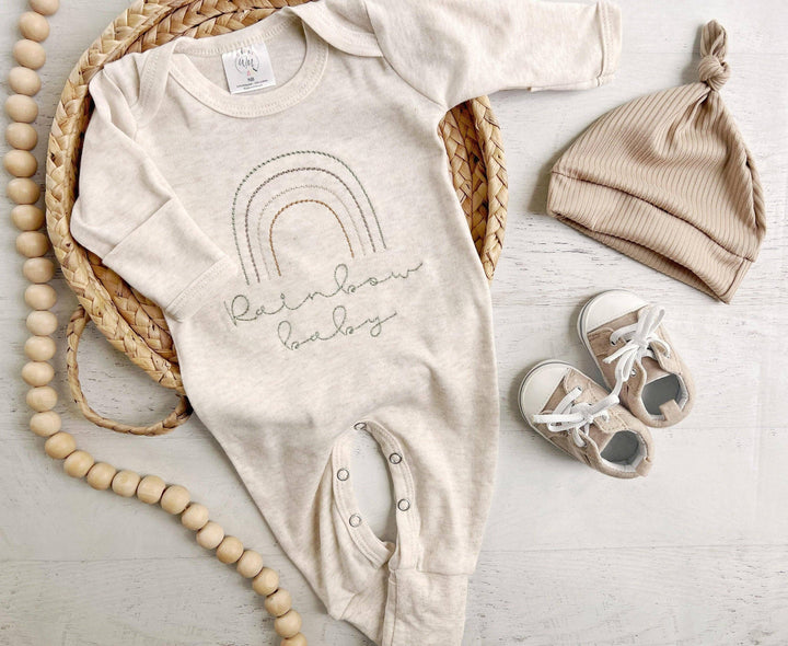 a Wonderfully Made - Neutral Tone Boho Baby Girl Outfit With A Sweet Muted Rainbow