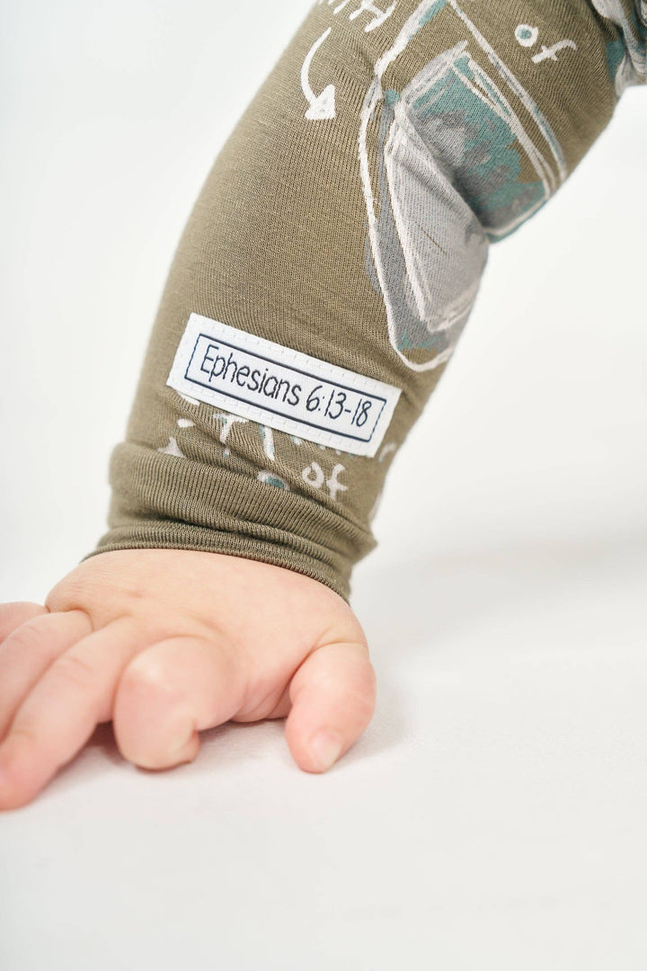 Holy Pals - Armor of God Green PJ Footed Onesie Bamboo