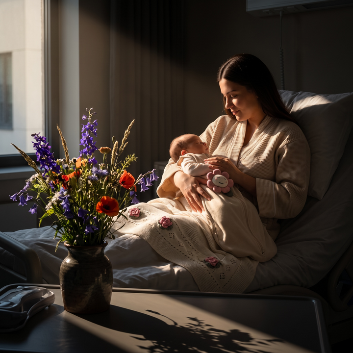 BUNDLE TRIO Organic Cotton Sleepsack, organics - Flower Pointelle Knit Baby Blanket & Flower Rattle Gift SET, Organics - Women's Organic Waffle Weave Bath & Spa Robe