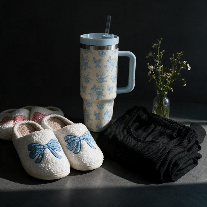 BUNDLE TRIO Blue Bow Slippers, Cream & Blue Floralz Tumbler, Davy Ultra Soft Maternity & Nursing Pajamas New Boy Mama Bundle