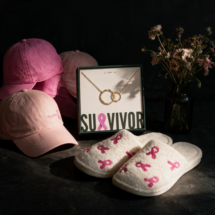 BUNDLE TRIO Breast Cancer Support Breast Cancer Awareness Ribbon Baseball Cap, Luxury Soft Multi Design Home Slippers,  2 Rings Dainty Eternity Breast Cancer Survivor Necklace Gift