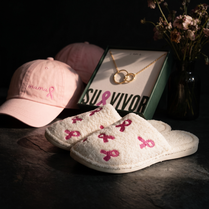 BUNDLE TRIO Breast Cancer Support Breast Cancer Awareness Ribbon Baseball Cap, Luxury Soft Multi Design Home Slippers,  2 Rings Dainty Eternity Breast Cancer Survivor Necklace Gift