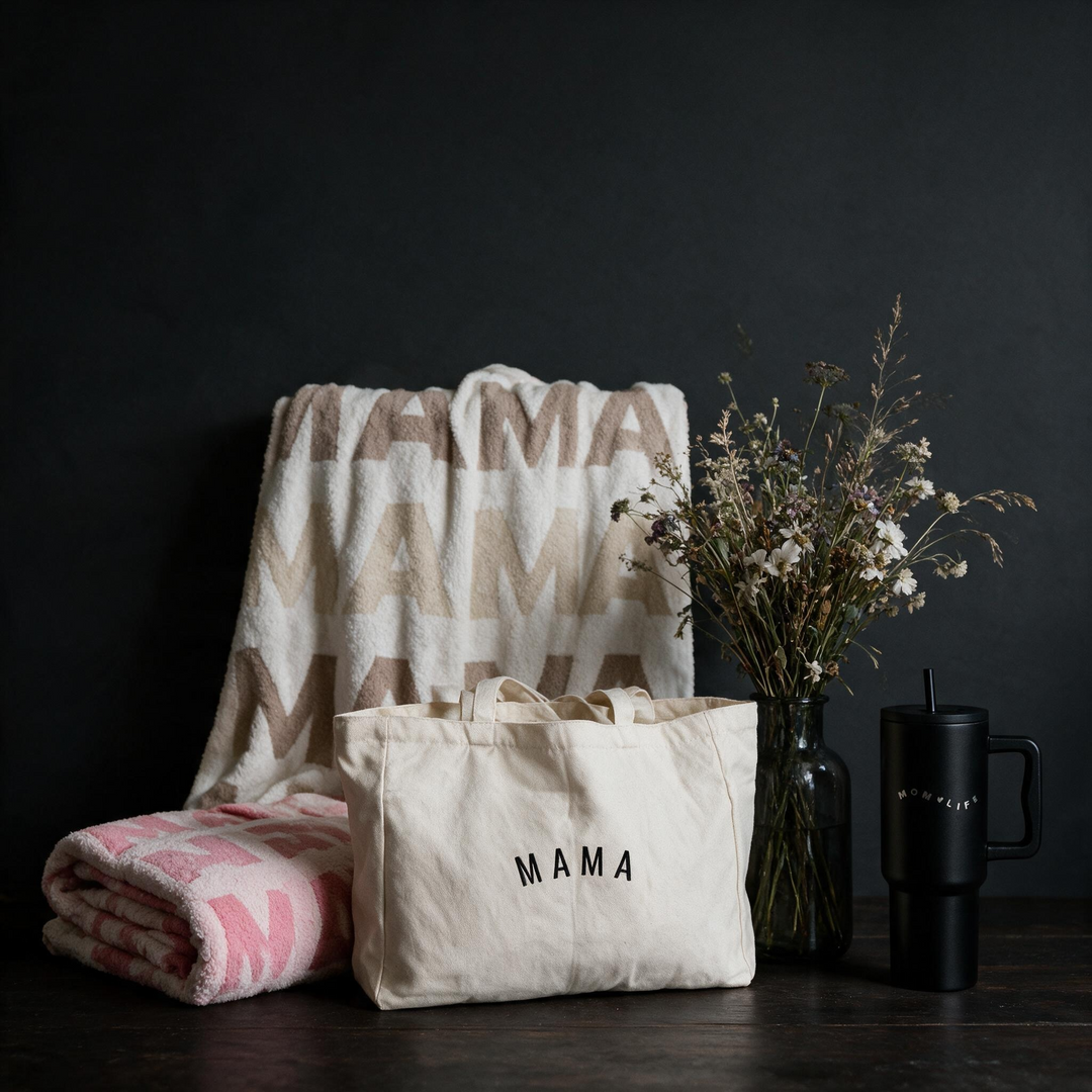 BUNDLE TRIO Mama Canvas Tote Bag | Stylish Eco-Friendly Diaper Bag, Mom Life 40 Oz Tumbler With Handle and Straw | BPA Free, - MAMA Repeating Text Print Soft Throw Blanket