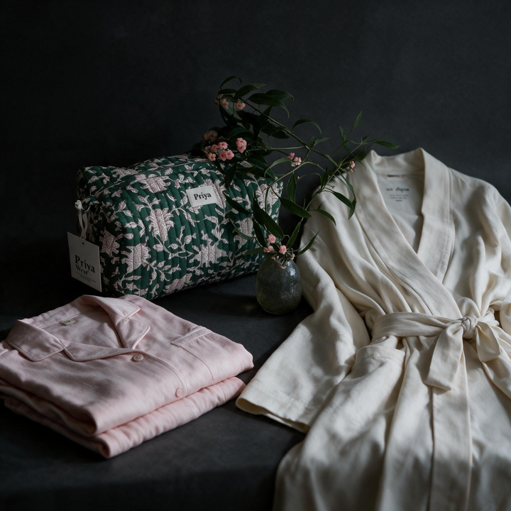 BUNDLE TRIO Delicate Hospital Comfort , Luxurious Everyday Women Pajama Set,  Organic Cotton Robe, Organic cotton cosmetic bag alpine (washbag / pouch/ makeup)
