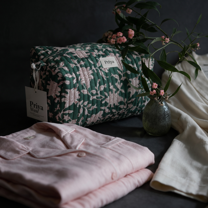 BUNDLE TRIO Delicate Hospital Comfort , Luxurious Everyday Women Pajama Set,  Organic Cotton Robe, Organic cotton cosmetic bag alpine (washbag / pouch/ makeup)