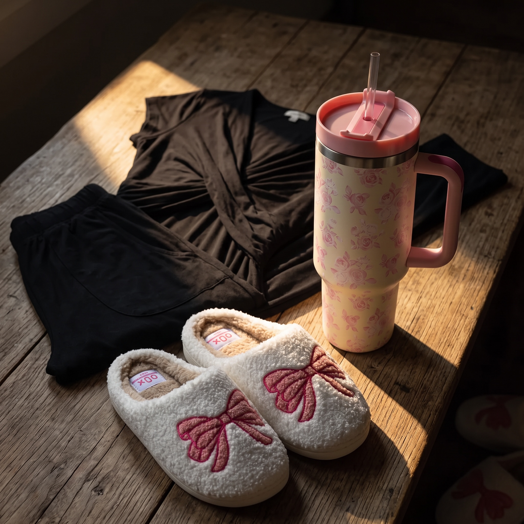BUNDLE TRIO Pink Bow Slippers, Cream &amp; Pink Floral Tumbler, Nursing Pajamas Sleepwear Set for New Girlie Mama Bundle