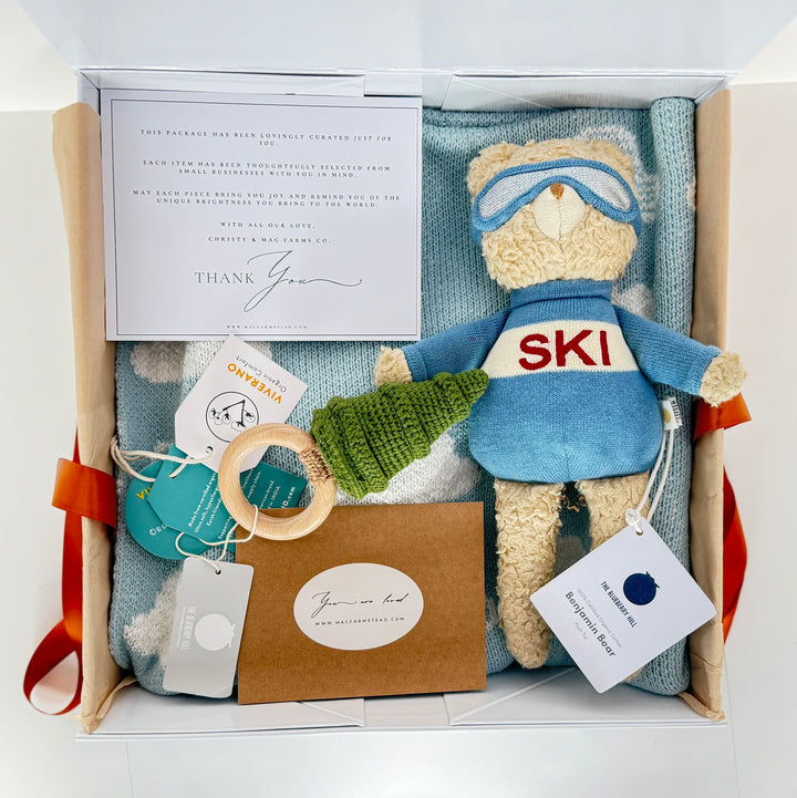 BUNDLE TRIO: Baby Ski, Organic Sweater Knit Blanket & Teether Tree Bundle