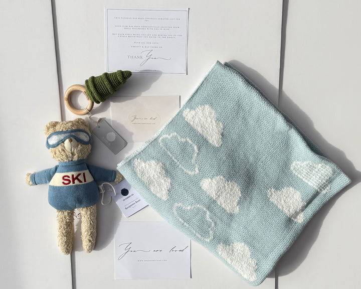 BUNDLE TRIO: Baby Ski, Organic Sweater Knit Blanket & Teether Tree Bundle
