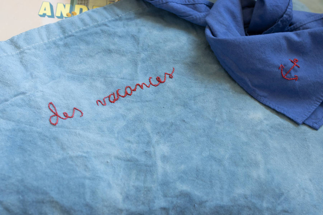 Eloise et moi - Hand embroidered Vacances cotton Tote, hand dyed tote bag  