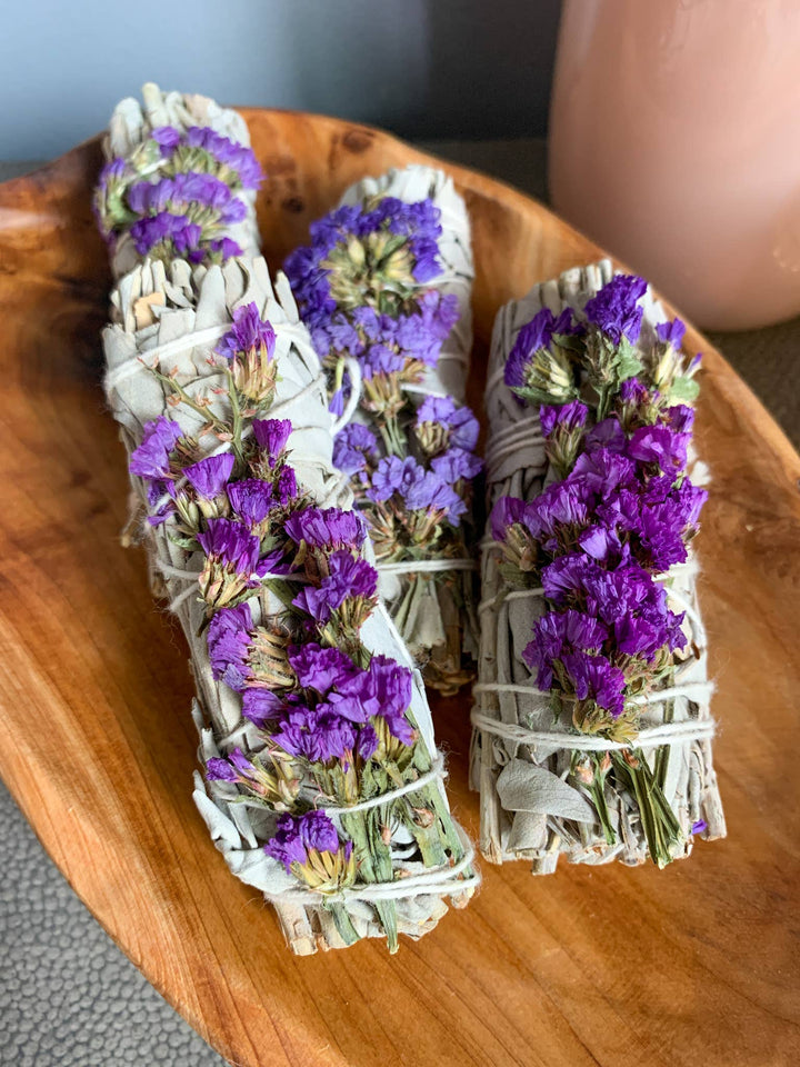 Sacred Sunday - Purple Statice Flower White Sage Smudge Wand