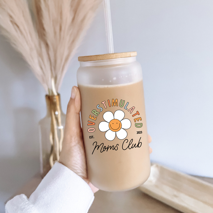 Boho + Babe - Overstimulated Moms Club 16 oz Glass Cup with Bamboo Lid