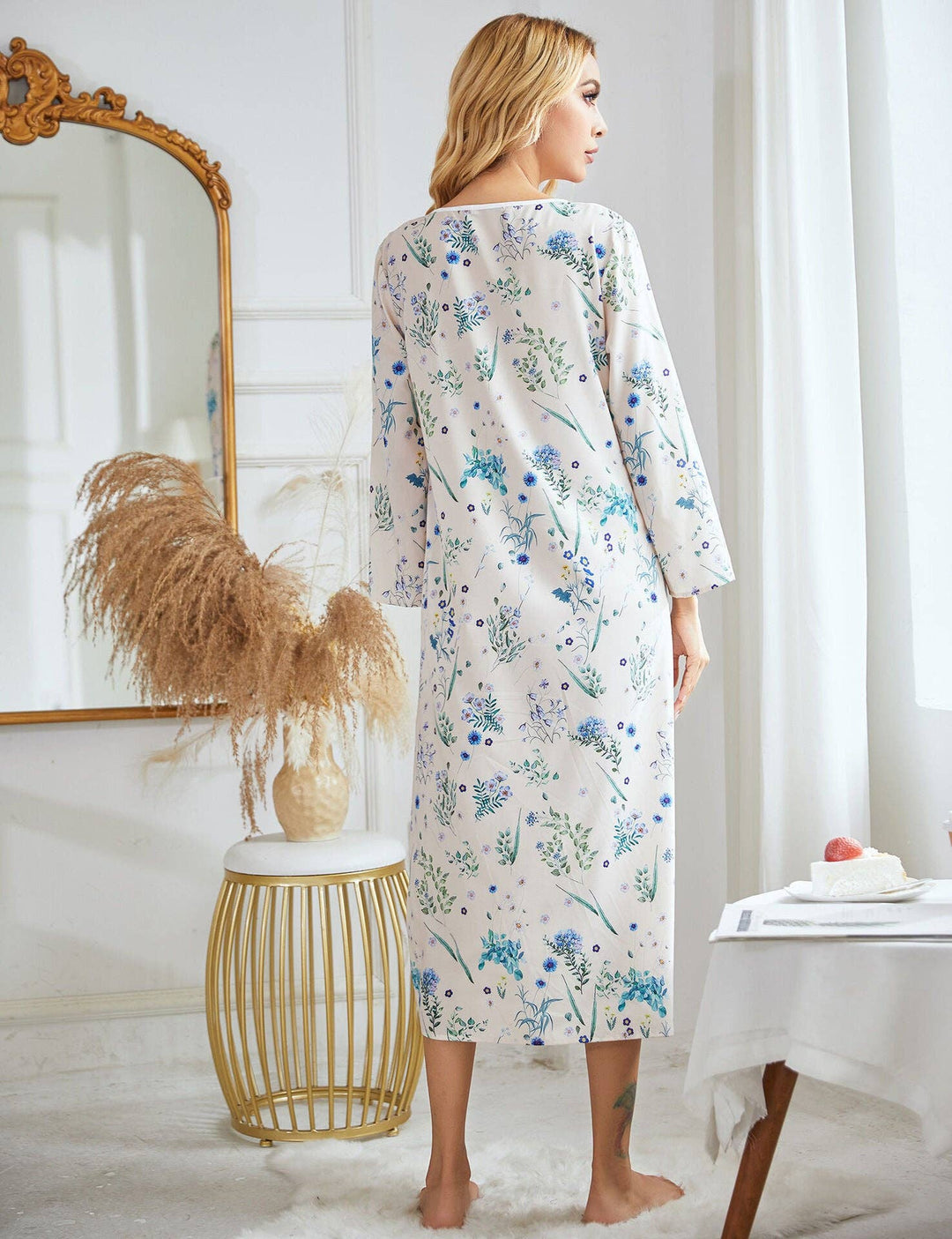 madeinclothinginc - Long Sleeve Printed Casual Nightdress for Women