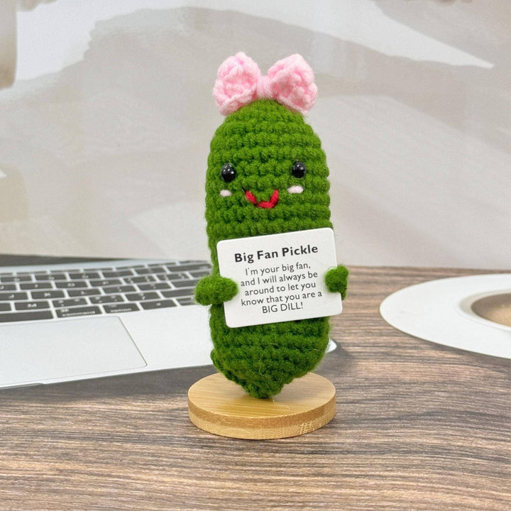 TOMOPOD LLC - Adorable Crochet Pickle With Pink Bow, Positive Pickle
